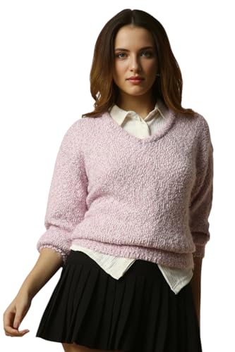 Allen Solly Women's Polyester Blend V-Neck Sweater (AHSWCRGPQ45837_Pink
