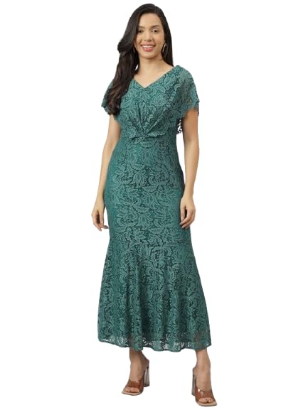 Latin Quarters Women's Green Short Sleeves V-Neck Self Design Party Maxi Dress_S