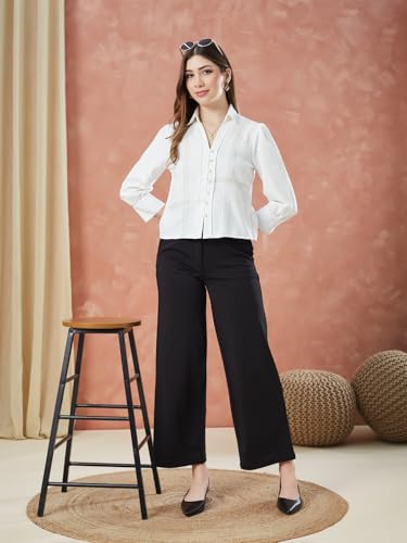 Latin Quarters Women's Ivory 3/4Th Sleeves Solid Collar Neck Formal Shirt_M
