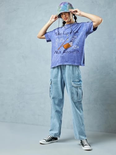 Bewakoof Official Harry Potter Merchandise Women's Graphic Printed Oversized Fit Half Sleeve Round Neck Cotton Jersey Acid Wash T-Shirt_659430_Blue_3XL