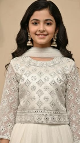 Aarika Girls Ethnic Wear Cream Colour MirrorEmbellished Emroidery Net Lehenga Choli Set With Dupatta-(4-15 Years)-(LCH-MC-02117-CREAM-28)