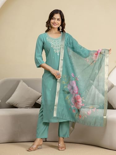 TRENDMALLS Women's Roman Silk Embroidery Kurta Pant with Dupatta Set (G372-Turquoise-3XL-)