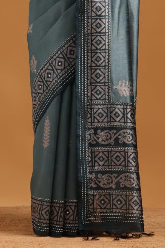Soch Womens Turquoise Blue Tussar Batik Printed Saree With Mirror Work