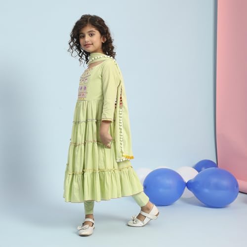 BIBA Girls Pastel Green Tiered Cotton Solid Kurta suit set