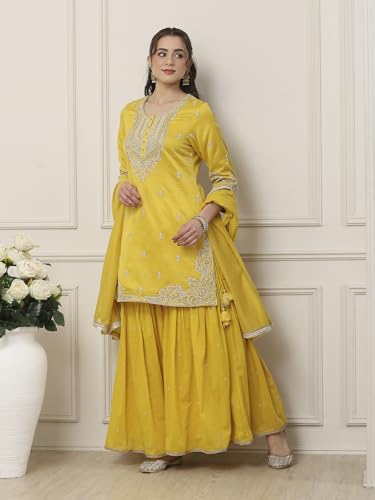 BIBA Women Yellow Silk Chanderi Straight Suit Set_34