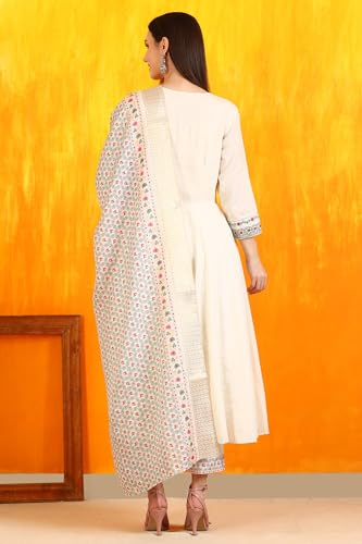 W for Woman Off-White Embroidered Yoke Textured Cotton Anarkali Kurta, Pants and Dupatta Set (Size: XL)-WS12118-222952