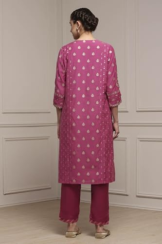 Biba Women's Cotton Jacquard Kurta Set (SKDVRNSI30719AW25PINK_Pink