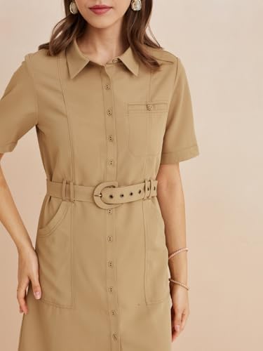 Latin Quarters Women's Beige Collar Neck Half Sleeves Solid Casual Shirt Dress_S