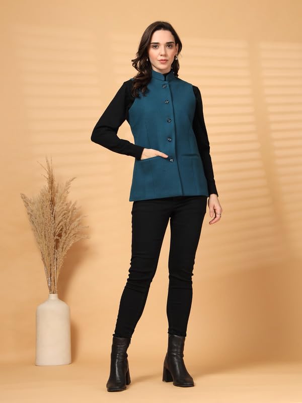 Vastraa Fusion Solid Indian Traditional Ethnic Waistcoat Festive Woolen Nehru Jacket for Women(TS1452D-42 Teal Blue)