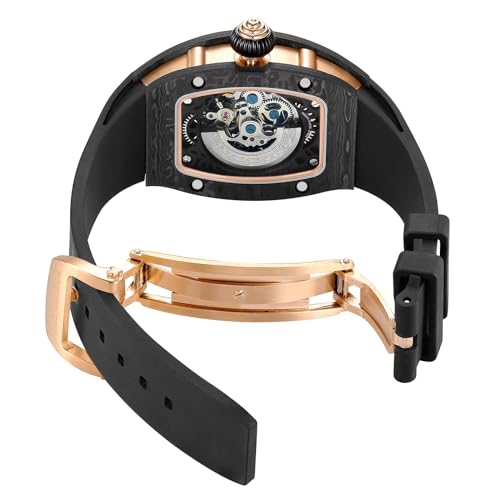 FEICE Women's Automatic Wrist Watch Fashion Skeleton Mechanical Watch with Carbon Fiber Strap Waterproof Wristwatch for Ladies FM606Black