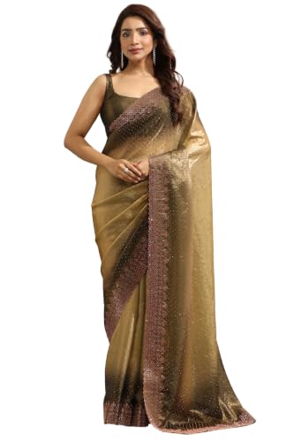 Soch Womens Olive Fendy Organza Ombre Stone Embellished Saree