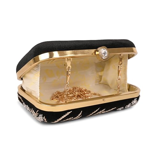 umera black clutch girls and womans party clutch ladies wallet evening bag with round corners work beads and zardozi floral design