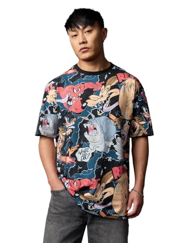The Souled Store Looney Tunes: Chaotic Men and Boys Short Sleeves Round Neck Black Graphic Printed Casual Lightweight Drop Shoulder Streetwear Trendy Cotton Oversized T-Shirt