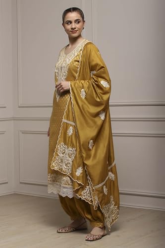 Biba Women Yellow Cotton Blend Thread Embroidered Unstitched Suit Set_FREE SIZE