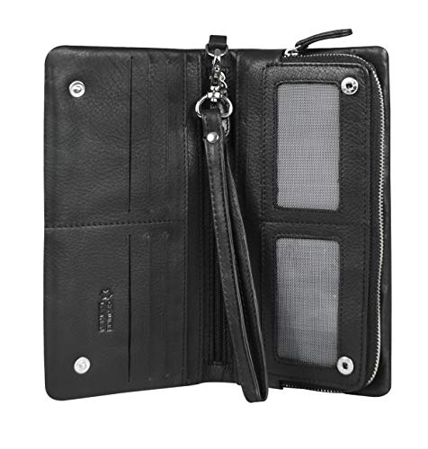 Calfnero Women's Genuine Leather Travel Wallet-Long Purse Wallet with Multiple Card Slots, Zip Pocket and Note Compartment (Black)