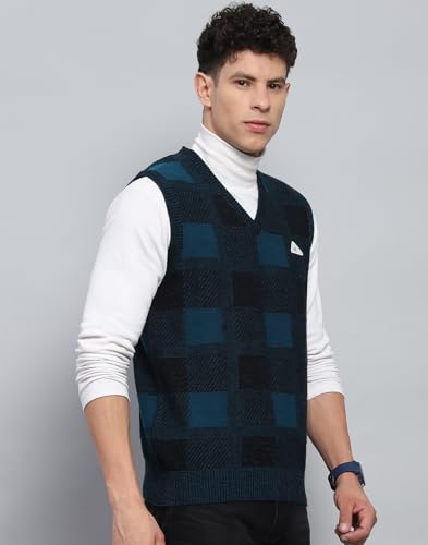 Monte Carlo Mens Self Design Navy Blue V Neck Sleeveless Sweater (1243243SL-2-40)