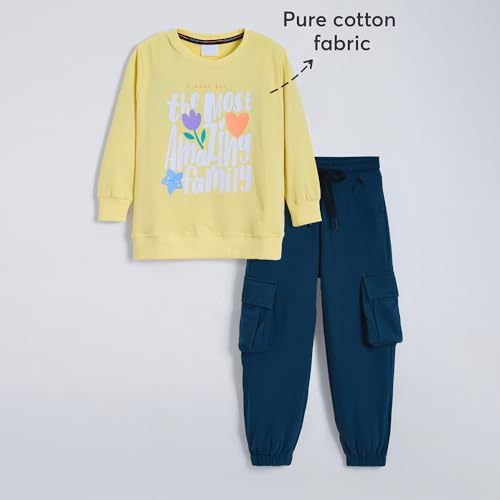 Hopscotch Girls Yellow Full Sleeves 2-Pc Typographic Cargo Jogger Set For Age (5-6 Years)