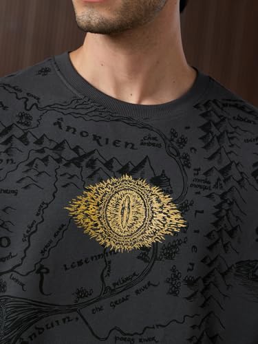 The Souled Store LOTR: One Ring Men and Boys Short Sleeves Round Neck Grey Graphic Printed Casual Lightweight Drop Shoulder Streetwear Trendy Oversized T-Shirt