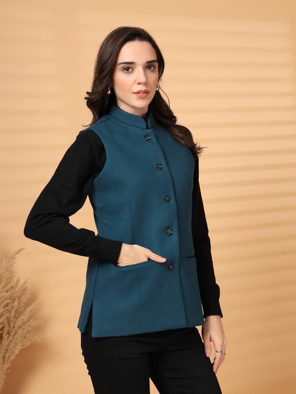 Vastraa Fusion Solid Indian Traditional Ethnic Waistcoat Festive Woolen Nehru Jacket for Women(TS1452D-42 Teal Blue)