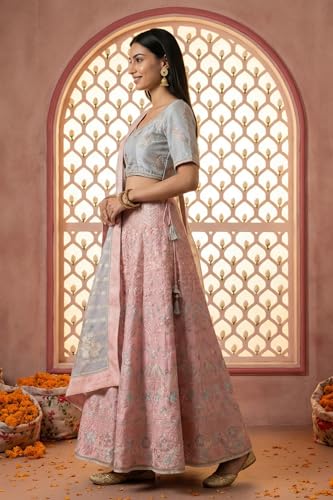 Aurelia Women's Slate Grey Zari Jacquard Crop Blouse with Lehenga Set with Dupatta - (AD10751-706126-S)