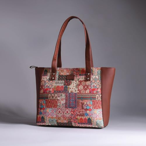 ZOUK Kutch Gamthi Abstract Printed Women Jute Vegan Leather Multicolor Side Tote Bag For Ladies With Double Handle
