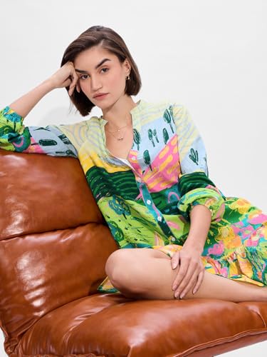 The Souled Store Landscape Women and Girls Long Sleeves Band Collared Multicolor All Over Printed Viscose Blend Summer Ready All Occasion Easy to Style Mini Dresses
