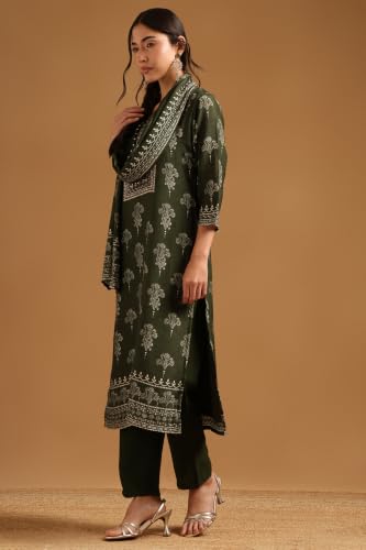 Soch Womens Green Dola Silk Botanical Printed Salwar Suit With Beads And Stones