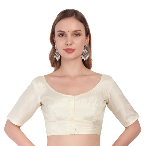 JISB Silk Cotton Saree Blouse, Elbow Length Sleeves, Round Neck, Front Hook and Eye (Cream, M)