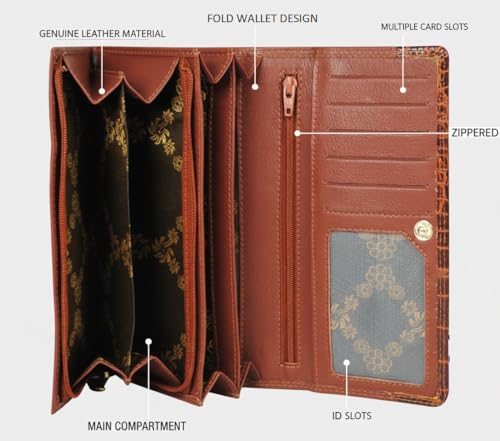Calfnero Women's Genuine Leather Wallet-Long Purse Wallet with Multiple Card Slots, Zip Pocket and Note Compartment (Cognac)