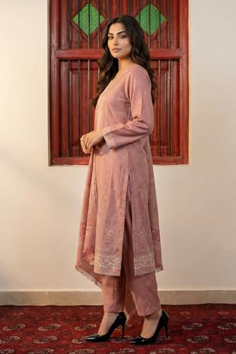 W for Woman Pink Geometric Printed Buttons Straight Kurta with Pant and Dupatta Set - (WS13310-314579-3XL)