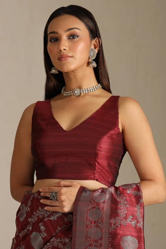 Soch Womens Maroon Tussar Floral Print Saree With Zari Woven