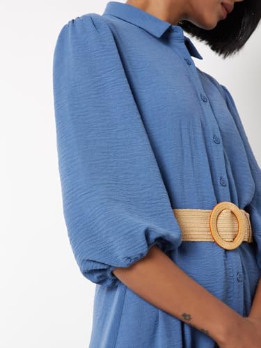 Max Women Textured Tiered Dress with Belt(Blue_L)