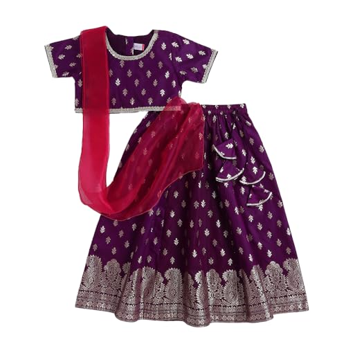 Hopscotch Girls Short Sleeves Purple 3-Pc Jacquard Lehenga Choli Set For Age (4-5 Years)