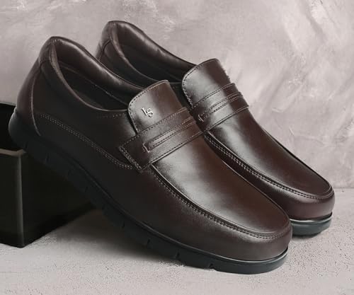 LOUIS STITCH Brunette Brown Leather Shoes for Men | Lightweight Men’s Formal Shoes | Comfortable Slip-On Moccasins | LSLXMCPLBB | UK-10