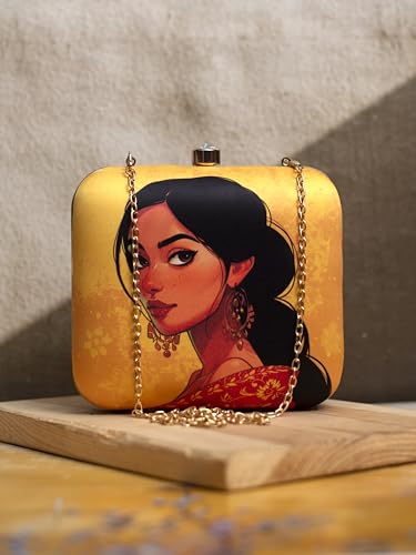 Yellow Based Women Portrait Printed Clutch