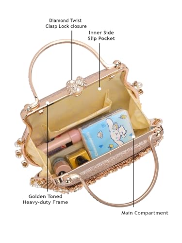 TOOBA Women's Gold Handicraft Beautiful Bling Box Clutch Bag for Wedding, Banquet, Gift Family, & Friends Rose Gold Cat-N