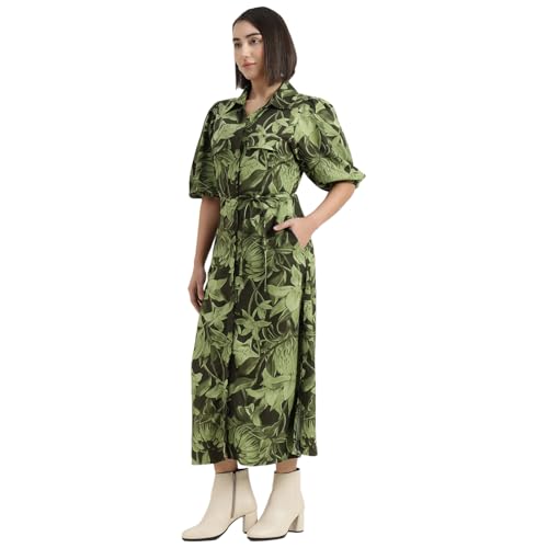 United Colors of Benetton Regular Fit Spread Collar Tropical Printed Dress (Size : L) - 26P4DRESS057I902 Green