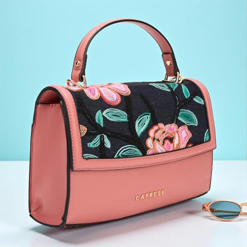 Caprese Elsa Medium Sling Bag for Women with Adjustable & Detachable Strap | Embroidered & Solid Faux Leather Crossbody Purse | Multi-Compartment Handheld Bag for Special Occasions (Cosmetic Pink)