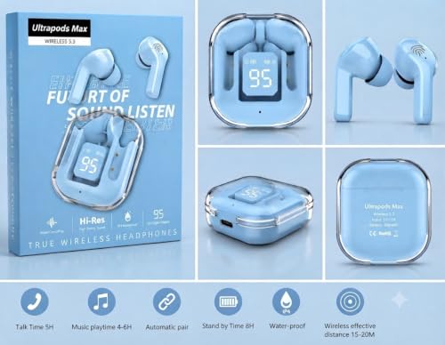 Wireless Earbuds Bluetooth 5.3 TWS Earphones with LED Digital Display Transparent Charging Case Touch Control in-Ear Headphones with Noise Reduction IP4 Water Resistant for iOS & Android