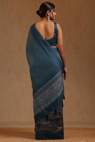 Soch Womens Teal Blue Chanderi Digital Print Saree