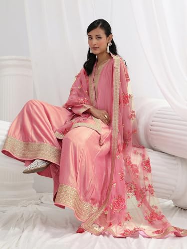 Libas Embroidered Silk Blend A Line Ethnic Dress with Dupatta | Occasion Gown Pink