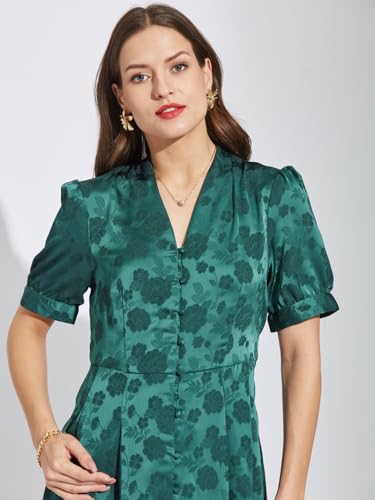 Latin Quarters Women Green V-Neck Half Sleeves Printed Knee Length A-Line Dress S
