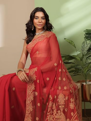 Ada Hand Embroidered Lucknowi Chikankari Georgette with Unstitched Blouse Piece for Women A311193 Red