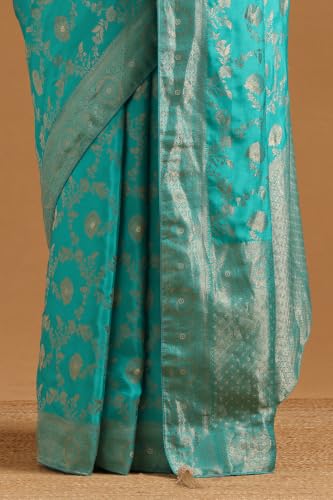 Soch Womens Turquoise Blue Crepe Botanical Zari Woven Saree