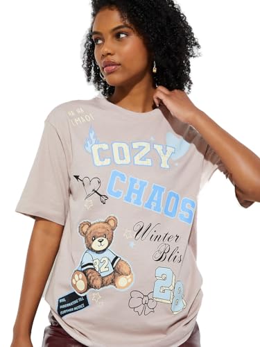 Max URB_N Women Oversized Graphic T-Shirt (Beige_XS)