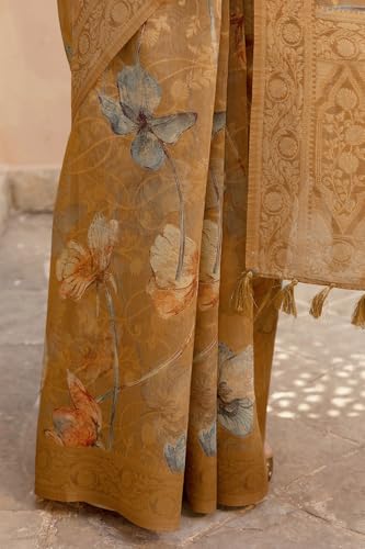Soch Womens Brown Chanderi Floral Print Saree With Zari Woven