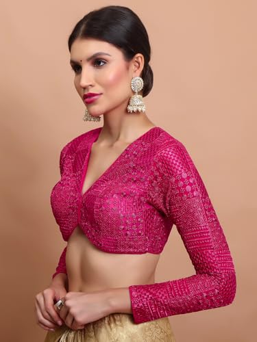 S SALWAR STUDIO Pink Georgette Embroidered V Neck Readymade Blouse