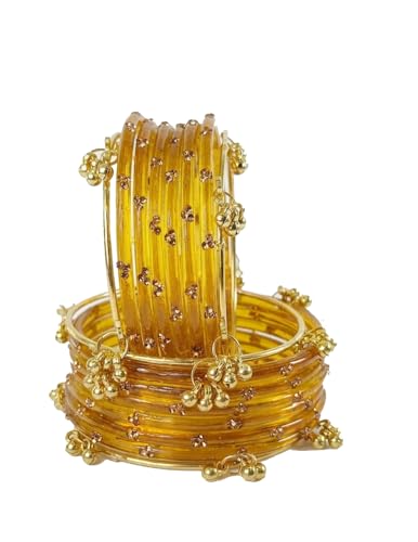 NMII Viral Multi Colour Glass Bangles with Golden Ghungroo Charms & Stone Work For Women & Girls | Trendy Kashmiri Bangles | Kangan Set For Women | Kanch Ki Chudiya - Set of 16 (NAB50_Golden-2.4)