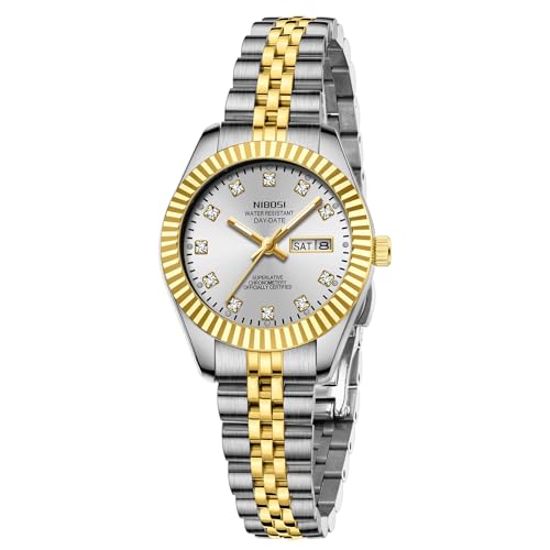 NIBOSI Watches for Woman Analog Quartz Stainless Steel Diamond Rose Gold Green Small Dial Women Watches Classic Wrist Watch Date Waterproof (A02-Gold Silver White)