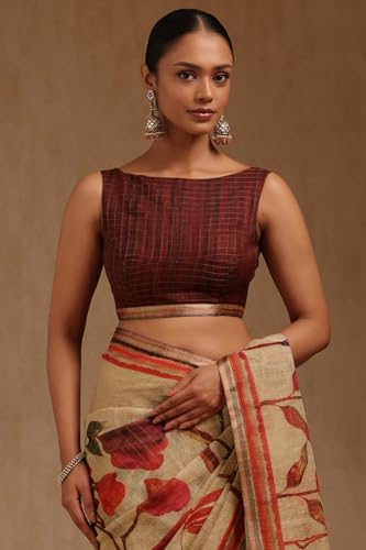 Soch Womens Beige Linen Blend Botanical Print Saree With Zari Woven